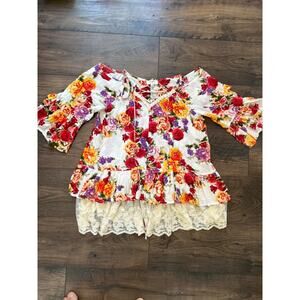 Umgee Top Womens Medium Babydoll Blouse Colorful Floral Puff Sleeve Top